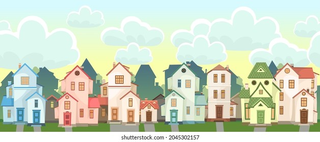 Street. Cartoon houses with sky. Village or town. Seamless. A beautiful, cozy country house in a traditional European style. Nice funny home. Rural building. Vector.