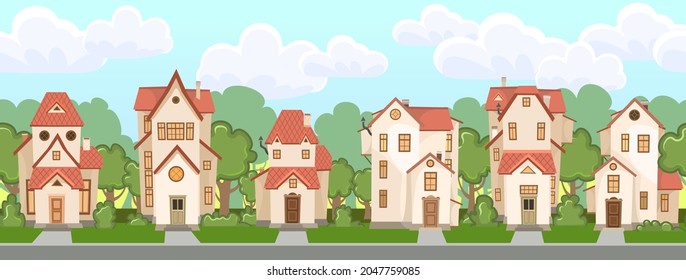 Street. Cartoon houses with trees. Village or town. Seamlessly. A beautiful, cozy country house in a traditional European style. Nice funny home. Rural building. Vector.