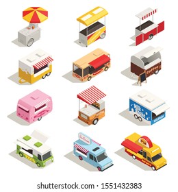 Street carts trucks isometric and colored icon set with food sweets and snacks vector illustration