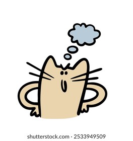 Сunning street cat has conceived a prank. Vector illustration of a pet kitten and a cloud for text. Cartoon character thinks. Isolated doodle character on white backgriund.