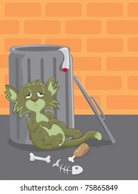 A street cat sits against a garbage can while suffering from stomach aches from food poisoning