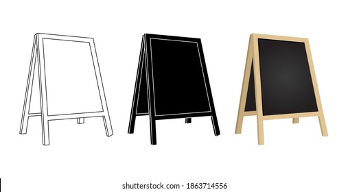 Street chalk board set. Illustration of Blank cafe Sidewalk billboard. Collection of empty outside information stand board. Outline,silhouette and color cartoon image.
