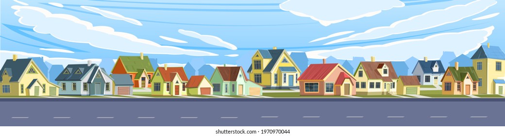 Street in a cheerful cartoon flat style. Asphalt road. A village or a small rural town. Small houses. Ski and clouds. Small cozy suburban cottages with gable roofs. Vector.