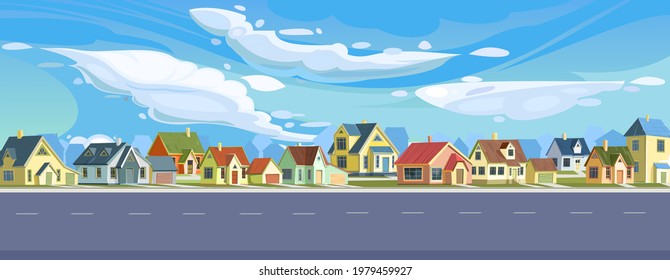 Street in a cheerful cartoon flat style. Asphalt wide road. A village or a small rural town. Small houses. Ski and clouds. Small cozy suburban cottages with gable roofs. Vector.