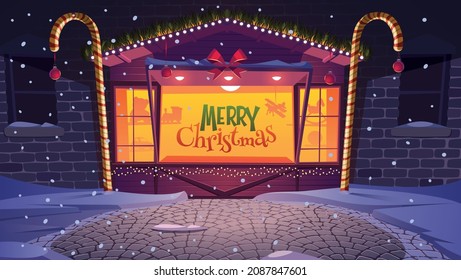 Street Christmas market stand vector illustration . sale of toys on Christmas Eve