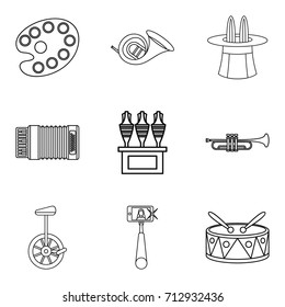 Street circus icons set. Outline set of 9 street circus vector icons for web isolated on white background