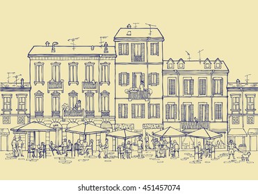Street in the city, buildings and bars, restaurants with parasol and people. Illustration in vector with yellow background.