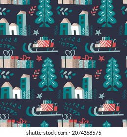 Street of city, buildings and pine tree, sleigh with gifts and boxes. New year and merry christmas celebration. Seamless pattern, background or print for xmas winter holiday. Vector in flat style