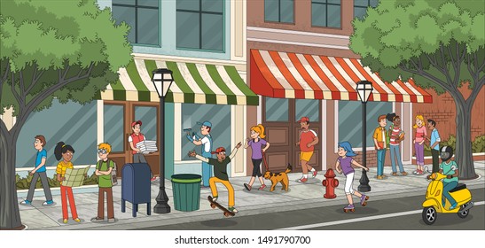 Street of a city with cartoon young people