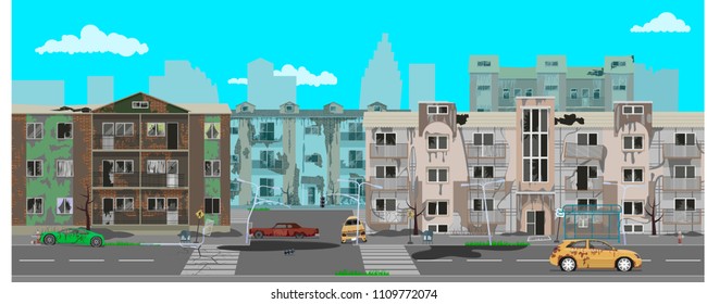 Street of the city, destroyed by natural disaster. vector illustration, flat style design