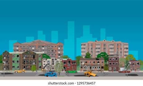 Street of the city, destroyed by natural disaster. vector illustration, flat style design