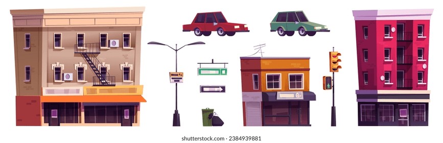 Stadtelemente für die Landschaftskreuzung von Städten. Cartoon Vektorgrafik Set von mehrstöckigen Gebäuden mit Café und Geschäft, Autos und Ampel, Laterne und Schilder, Mülleimer.