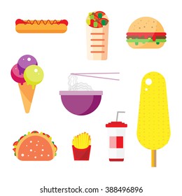 Street City Food flat design. Fast food icon set isolated hamburger appetizer of corn vector illustration. Chinese rice noodles, Indian tacos, Mexican burritos