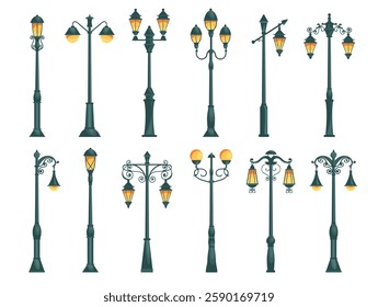 Street city lights. Decorative retro and modern lanterns. Outdoor electrical lamps. Vintage streetlights. Gothic lampposts. Classic illumination. Urban park elements