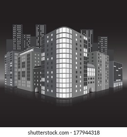 street of the city with office buildings  at night  in perspective