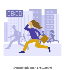 Street of the city. People rush to work. Woman runs, late. Concept on the theme of city life. Vector illustration in flat style.