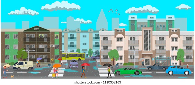 Street of the city in the rain. Vector illustration, a flat style design.