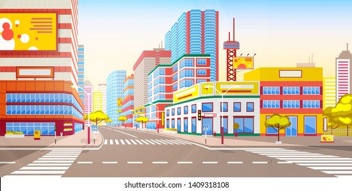 Street of City with roads, skyscrapers and high buildings vector, constructions and towers on city, town advertisements, traffic light with sign for pedestrian crossing, urban cityscape early morning