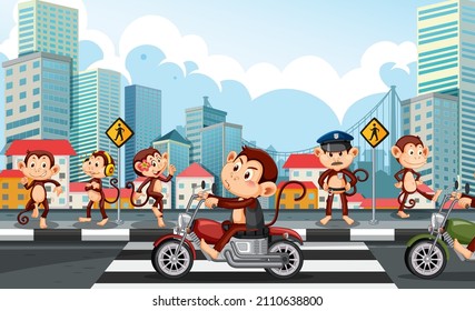 Street in the city scene with many monkeys illustration
