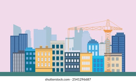 Street in City Town with Cityscape Skyscrapers Building Landscape and Tower Crane Construction