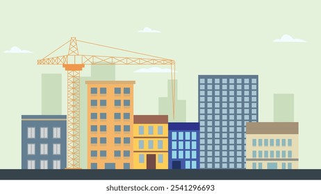 Street in City Town with Cityscape Skyscrapers Building Landscape and Tower Crane Construction