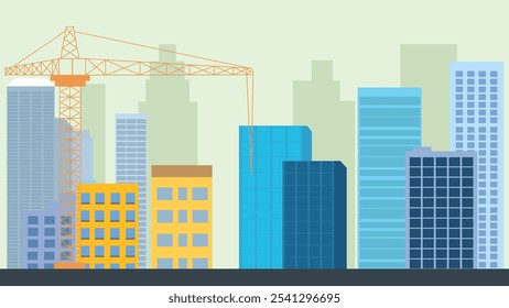 Street in City Town with Cityscape Skyscrapers Building Landscape and Tower Crane Construction