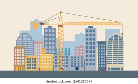 Street in City Town with Cityscape Skyscrapers Building Landscape and Tower Crane Construction