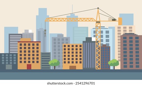 Street in City Town with Cityscape Skyscrapers Building Landscape and Tower Crane Construction