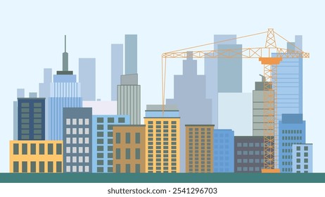 Street in City Town with Cityscape Skyscrapers Building Landscape and Tower Crane Construction