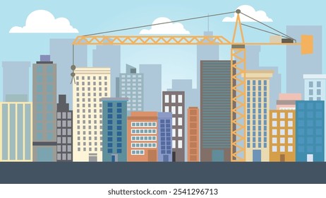 Street in City Town with Cityscape Skyscrapers Building Landscape and Tower Crane Construction