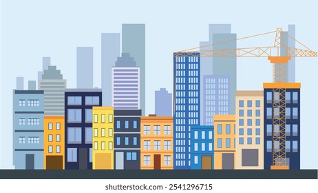 Street in City Town with Cityscape Skyscrapers Building Landscape and Tower Crane Construction