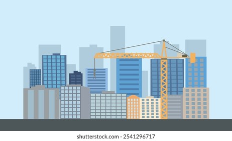 Street in City Town with Cityscape Skyscrapers Building Landscape and Tower Crane Construction