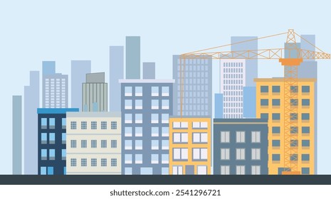 Street in City Town with Cityscape Skyscrapers Building Landscape and Tower Crane Construction