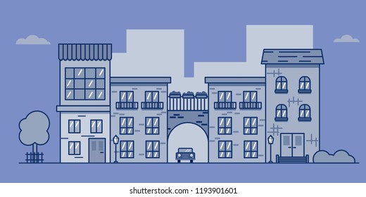 Street in the city. Vector illustration in flat style. Eps 10.