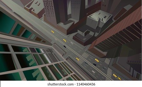 Street in a city, view from above, houses, people and cars, vector illustration