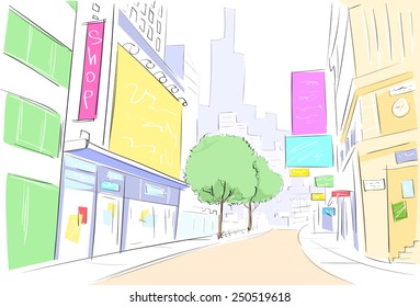 Street City View Draw Sketch Shops Stock Vector (Royalty Free ...