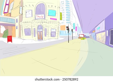 street city view draw sketch shops colorful buildings, vector illustration