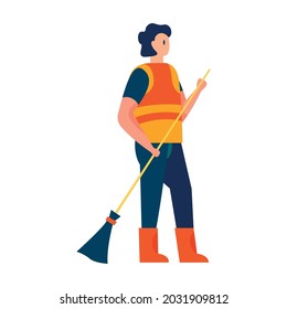 Street Cleaner With Broom Flat Icon On White Background Vector Illustration