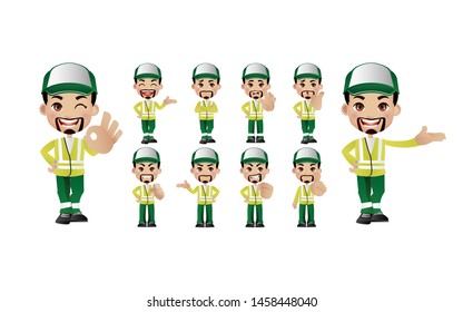 Street cleaner with different poses. vector