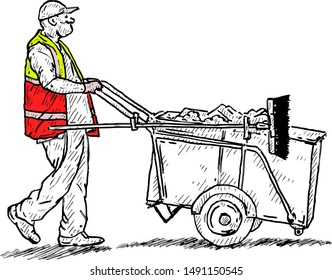 A street cleaner pushing a rubbish cart. Hand drawn vector illustration. 