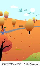 Street cleaner sweeping fallen leaves in autumn park, vector illustration