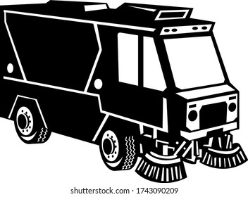 Street Cleaner Truck Side View Retro Black and White