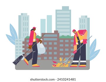 Street cleaners, cartoon landscape with people, vector illustration. Male and female characters, janitors in bright overalls and special clothes clean the street, sweep, collect garbage and leaves