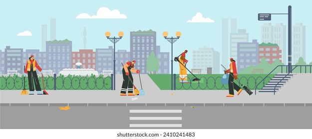 Street cleaners, cartoon landscape with people, vector illustration. Male and female characters, janitors in bright overalls and special clothes clean the street, sweep, mow the lawn, collect garbage