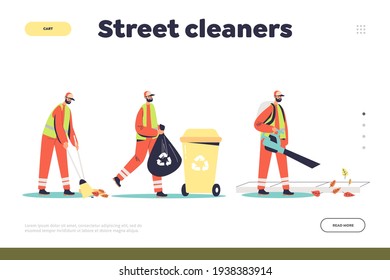 Street cleaners concept of landing page with team of janitors in uniform cleaning street and gathering garbage to trash recycle container. Cartoon flat vector illustration