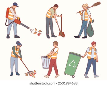 Street cleaners. Janitors in uniform collect city garbage, professionals vacuum cleaner of leaves, sweep, moving trash cans, cleaning environment, cartoon flat isolated illustration, vector set