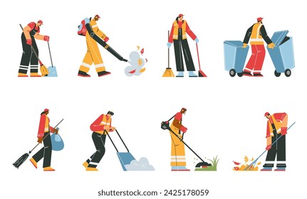 Street cleaners and janitors in uniform vector illustrations set. Cleaning and gathering garbage to trash recycle container, removes snow, mows grass. Street cleaning service