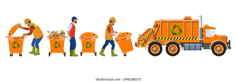 Street cleaners service workers team. Collection of municipal solid waste. Men in uniforms and garbage truck pick up rubbish. Vector illustration isolated on white background