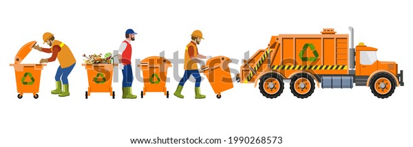 Street cleaners\
service workers team. Collection of municipal solid waste. Men in\
uniforms and garbage truck pick up rubbish. Vector illustration\
isolated on white\
background
