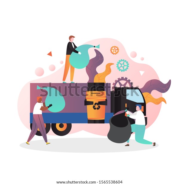 Street cleaners throwing garbage bags into garbage
truck, vector illustration. Cleaning street, collection of
household and commercial waste concept for web banner, website page
etc.